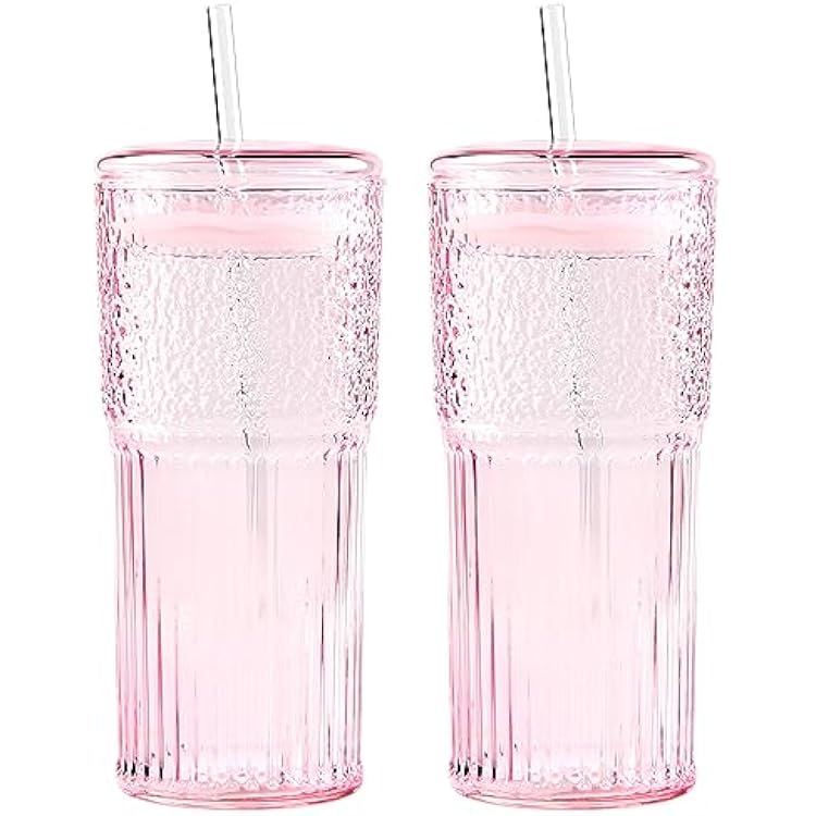 GOSCHE Glass Coffee Cups with Lids and Straws, 20oz Drinking Jar Glass Tumbler for Iced Coffee, Vintage Ripple Glassware Smoothie Cups, Pink, 2Pcs