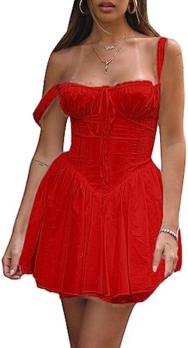 Piacakece Women Cute Puffy Dress Printed Bell Sleeve Square Neck Mesh Ruffle Bubble Dress