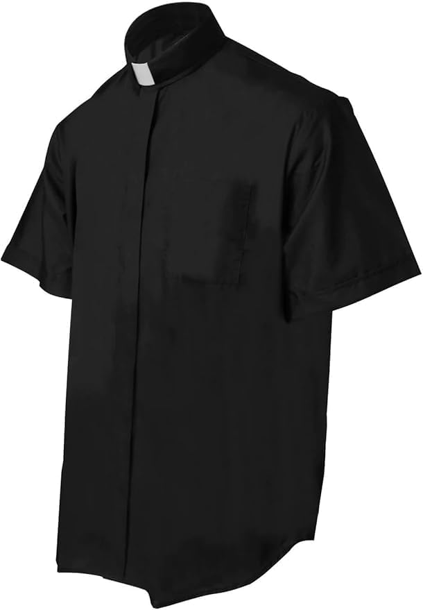 CLERKMANS Men’s Clergy Priest Shirt Short Sleeves, Free Tab Collar Insert for Pastor Preacher Minister Costume Button Shirt