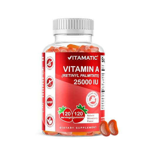 Vitamatic Sugar Free Vitamin A 25000 IU Gummies Retinyl Palmitate - Natural Strawberry Flavor - 120 Pectin Based Gummies 1 Bottle