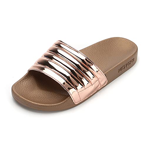 VICT POPU Womens Slides Beach House Pool Slip On Slippers Non-slip PU Flat Sandals