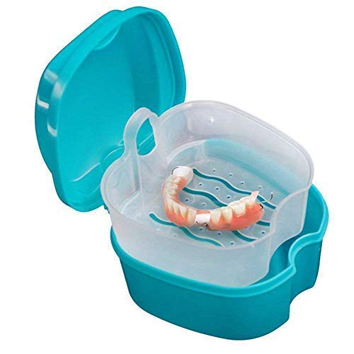 Coolrunner Denture Case, Denture Cup with Strainer, Denture Bath Box False Teeth Storage Box with Basket Net Container Holder for Travel, Retainer Cleaning Green