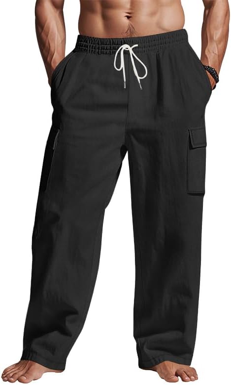 Mens Casual Cargo Pants Summer Vacation Lightweight Drawstring Pants Elastic Waist Beach Yoga Trousers with Pockets