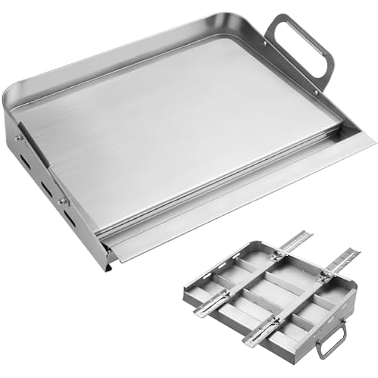 Griddle For Gas Grill - Flat Top Grill For Stove,Stainless Steel Griddle With Removable Grease Tray,Grill Griddle For Outdoor Grillwith Retractable Stand,Fit Different Size Of Gril l.