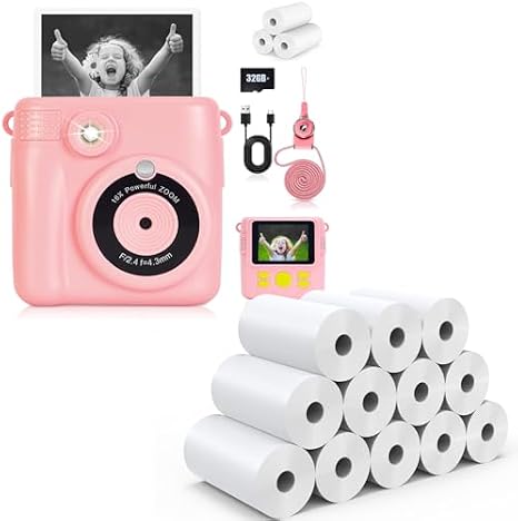 A Pink Kids Instant Camera Print and A Set of 12 Rolls Camera Refill Printer Paper
