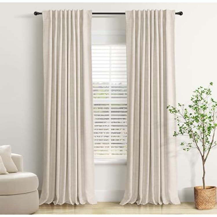 INOVADAY 100% Blackout Curtains 90 Inches Length 2 Panels Set, Back TabRod Pocket Linen Black Out Curtains for Bedroom, Thermal Insulated Window Drapes - Cream, W50 X L90