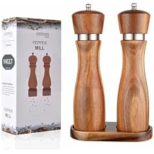 Wooden Salt and Pepper Grinder set,Refillable Salt Shaker and Pepper Grinder Set with Base,Premium Acacia Wood Grinders with Adjustable Ceramic Grinding - 8inch, 2 Pack (2)