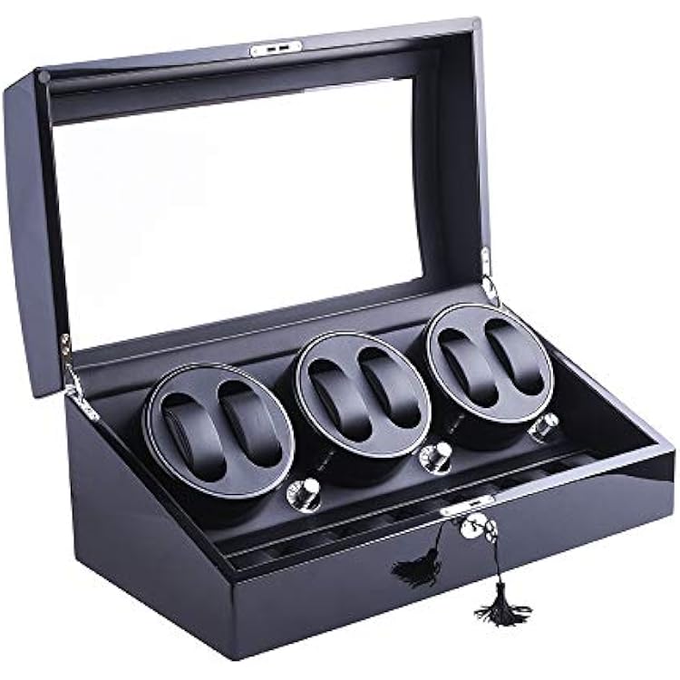 Watch Winder, XTELARY Luxury 3 Motor Quad Watch Winders for Automatic Watches Safe & Wooden Display Box Case 78 Storage Black
