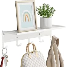 Bethom Shelf with Hooks, 17 Inch Coat Rack Wall Mount with 5 Hooks with Shelf, Metal Entryway Coat Hangers Storage Clothes, Bags, Purse, Keys for Living Room, Bedroom, White