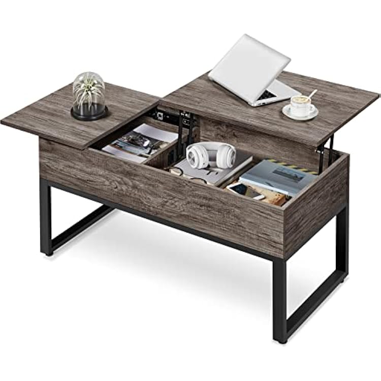 Yaheetech 2 Way Lift Top Coffee Table with Storage and Side Drawer for Living Room, 40 Inch Lift Up Center Table with 2 Hidden Compartments and Metal Frame, Easy Assembly, Taupe Wood