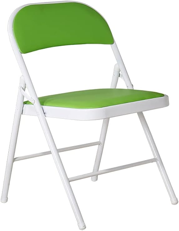 LUXUCURE Set of 4 Metal Folding Chairs for Patio and Dining Room or Salon Party,Green Leather,White Steel Frame