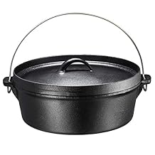 Bruntmor Pre-Seasoned Cast Iron Dutch Oven with Flanged Lid Iron Cover, for Campfire or Fireplace Cooking Pre-Seasoned Camping Cookware Flat Bottom 8 Quart