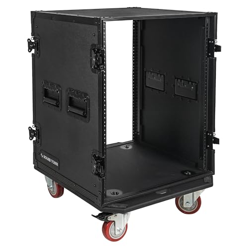Sound Town Black Series 14U PADJ RackRoad Case with 14-Space, All-Black Anodized Hardware, Plywood, Casters, and 21 Rackable Depth - Pro Tour Grade STRC-B14UW