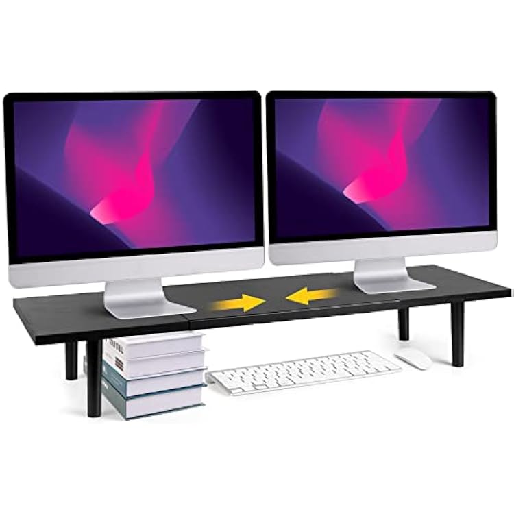 Across-Star Dual-Monitor-Stand-Riser-For-Desk Adjustable Length 32-40 Inch,Large Desktop Computer Monitor Riser For 2 Screens,Desk Shelf Organizer Riser Stand For ComputerLaptopPCPrinterTV Black
