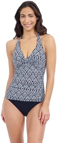Profile by Gottex Cruise Womens Halter Tankini in Brick and White Print with Soft Cups, Underwire,  Lining Essential