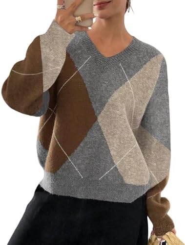 Wyeysyt Argyle Sweater Women Casual Plaid V Neck Drop Shoulder Pullover Sweaters Color Block Chunky Knit Top