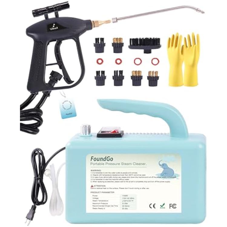 FoundGo 1700W Tankless Handheld Steam Cleaner with 7 Brushes 20s Heating to 239F Pressurized Portable Steam Cleaner, Cleaning HomeKitchenCar & More-Blue
