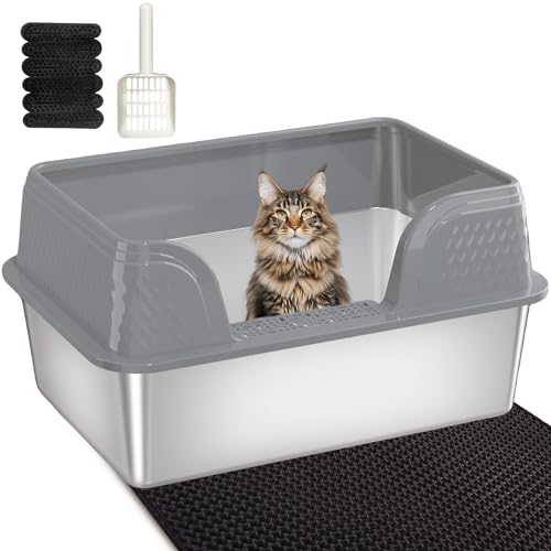 Stainless Steel Litter Box XL 23.6 x 15.7 x 12, Metal Litter Box with Lid - Extra Large Space with High Sides for Big Cats, Side Entry, Leak-Proof, Anti-Splashing, Grey