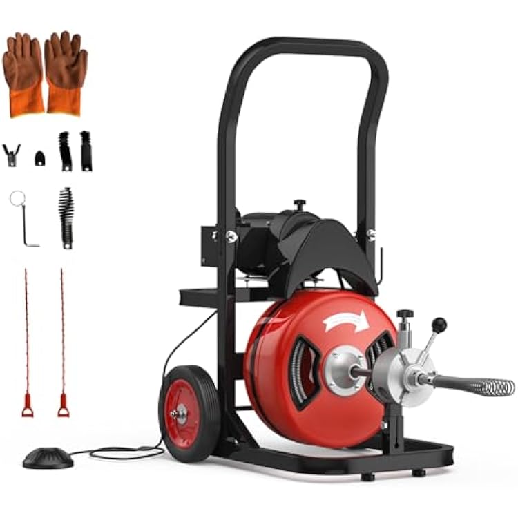 75FT x 12 Inch Electric Drain Cleaning Machine, 450W Auto Feed Portable Electric Sewer Snake, Electric Drain Auger with 6 Cutter Air-Activated Foot Switch for 2 to 4 Pipes