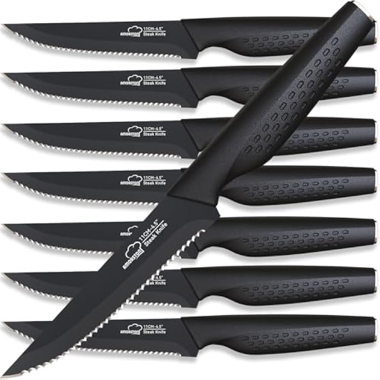 Amorston Steak Knives, Steak Knives Set of 8, Stainless Steel Steak Knife Set, Serrated Knives Dishwasher Safe, Elegant Black Mothers Day Gifts for Women