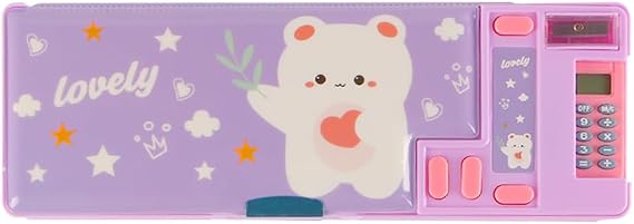 Pop Up Multifunctional Pencil Case Lovely Cartoon Pen Organizer with Calculator Schedule School Supplies Best Gift for Teens Boys Girls (Purple)