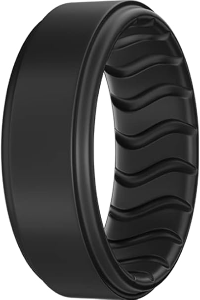 Silicone Ring, Men's Band, Black, Blue, Breathable Wave Design