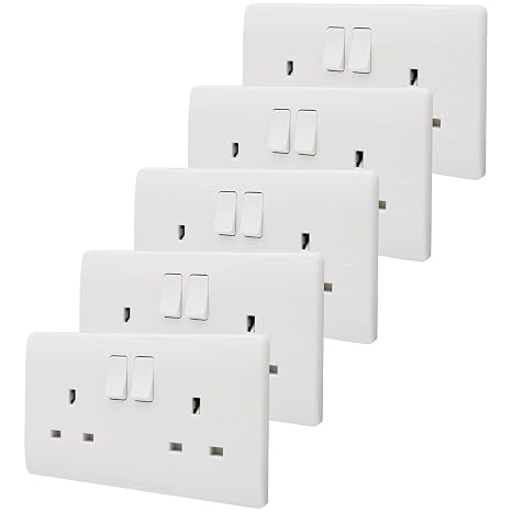 13A Double Switch Plug Socket 2 Gang Wall Outlet x 5 Smooth Edges WDS13A