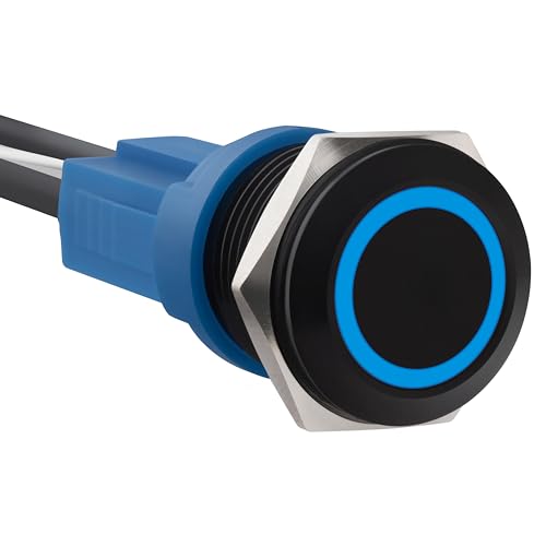 LED Latching Aluminum Push Button Switch 12-24V DC 20A 1NO On Off with Wire Socket 1, Blue, 16mm