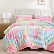 Smoofy Fluffy Queen Size Comforter Set 3 Pieces - Rainbow Fleece Fluffy Comforter Set, Luxury Fuzzy Queen Bedding Set, Soft Warm Queen Bed Set All Season, Heavy Faux Fur Comforter with 2 Pillow Cases