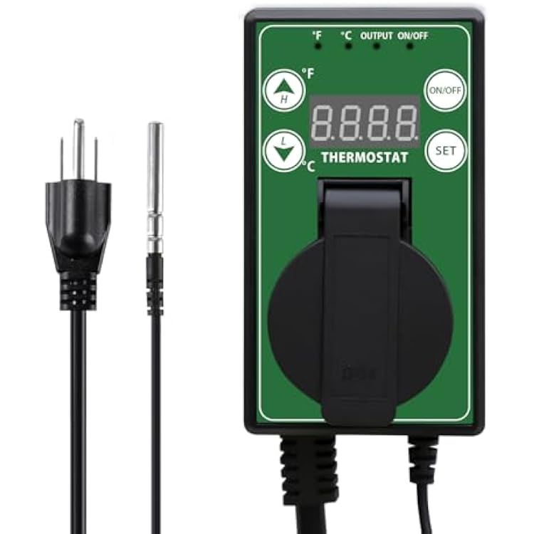 Digital Thermostat Controller 15A1500W, Temperature Control for Heat Mat, Grow Tent, Greenhouse & Seedling, IPX4 Water Resistant,4F to 108F Range, 1 Pack, Green