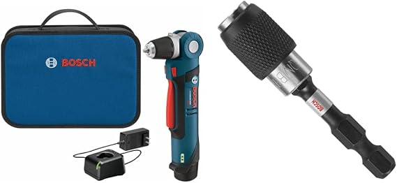 BOSCH PS11-102 12-Volt Lithium-Ion Max 3/8-Inch Right Angle Drill/Driver Kit with (1) High Capacity Battery and Charger, BluewithBOSCH ITBHQC201 2 1/4", Impact Tough Quick Change Bit Holder