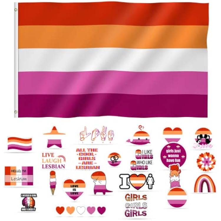 LOVEALL Lesbian Flag and Sticker Pack - Includes 1 3x5 ft Lesbian Pride Flag and 25 Unique Sticker Designs