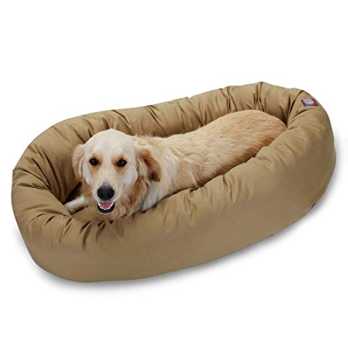 Majestic Pet 40 Inch Bagel Calming Dog Bed Washable Cozy Soft Round Pet Bed with Spine Support for Dogs to Rest their Head - Fluffy Donut Puppy Bed 40x29x9 Inch - Large Khaki