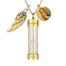 MeMeDIY Urn Mens Necklace for Ashes Stainless Steel Hourglass Memorial Pendant with Angel Wing Birthstone Round Picture Tag Keepsake