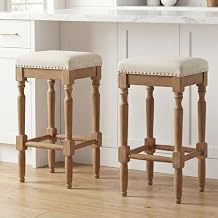 Counter Height Bar Stools Set of 2 Backless Wooden Counter Stools with Nailhead Trim Seat 26" Height Bar Stools for Kitchen Island/Patio/Balcony, Beige Fabric with Natural Color Legs