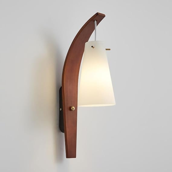 Wabi Sabi Wood Wall Sconce Nordic Bedside Wall Mount Lamp with White Glass Shade, Japanese Style Walnut Solid Wood Art Deco Lighting Fixture for Cafe Hotel Bedroom Hallway, E27