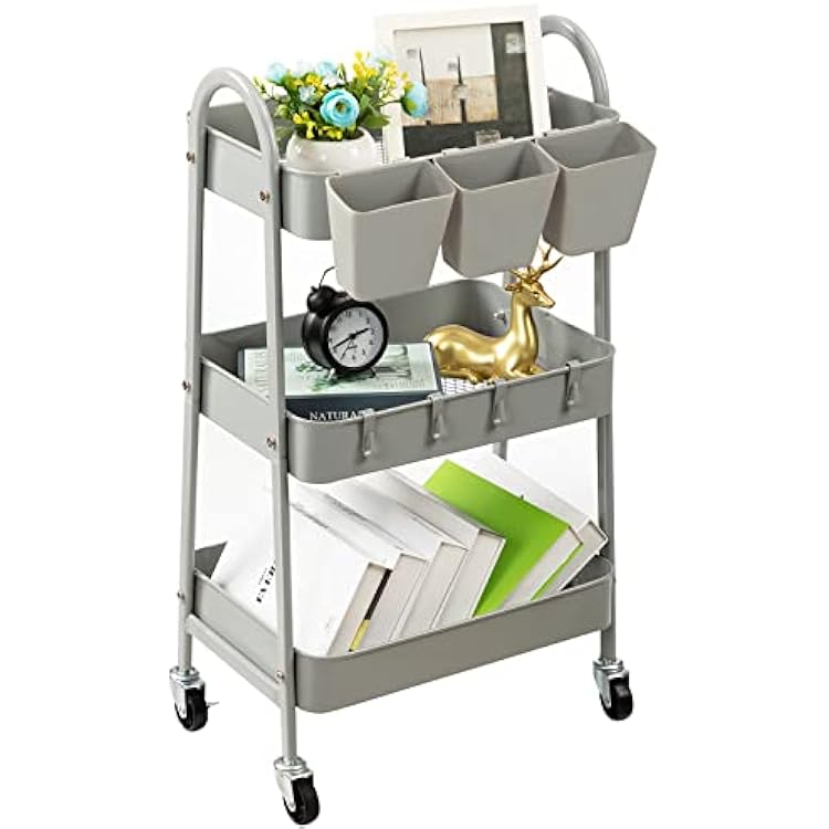 danpinera 3-Tier Rolling Cart, Metal Rolling Storage Cart with Lockable Wheels & Hanging Cups & Hooks, Mobile Trolley Cart for Kitchen, Bathroom, Office, Workshop, Gray