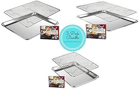 3 Pack Stainless Steel Wire Cooling, Baking, Roasting Rack with Aluminum Cookie Pan Tray Set- Heavy Duty, Commercial Quality - (1 Half Sheet, 1 Jelly Roll & 1 Quarter Sheet Pan Rack Sets)