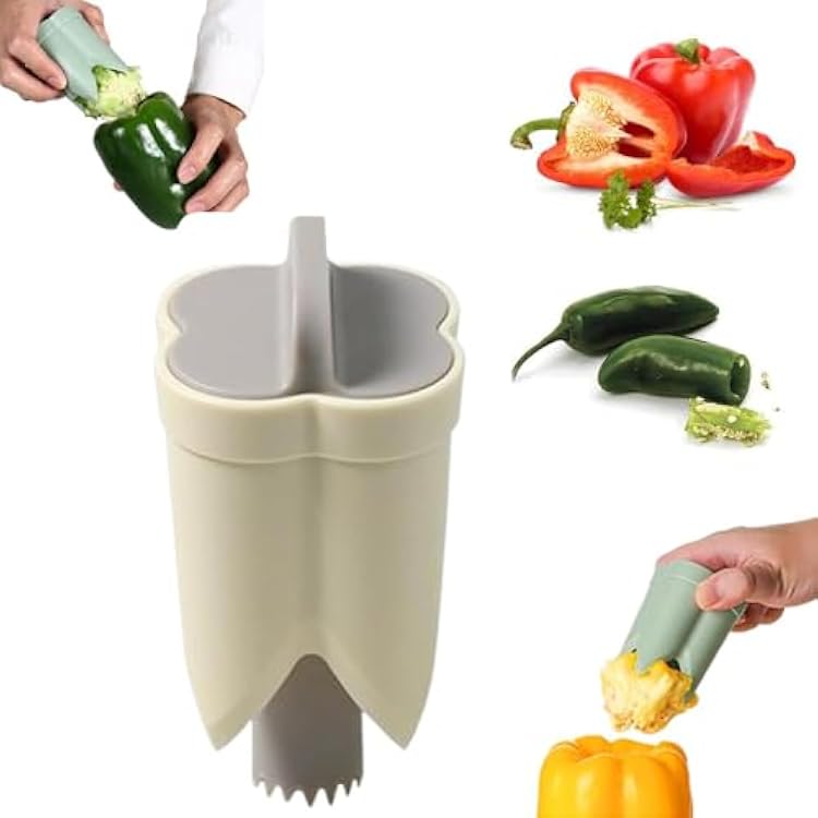 Pepper Seed Corer Remover, 2 in 1 Bell Pepper Cutter Pepper Porer Seed Remover Tool, Pepper Deseeder Bell Pepper Corer Tool Pepper Cutter for Vegetables Kitchen Gadget Beige
