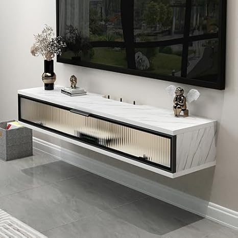 Floating Tv Shelf Stand Cabinet Unit Media Wall Mounted Long Tv Media Units Console With Storage Doors，Modern Floating TV Stand with Drawers - Wall Mounted Entertainment Center, White Marble