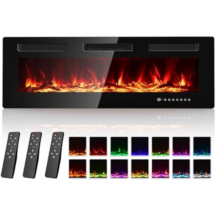 Electric Fireplace 50 Inch with 3 Remotes, Recessed or Wall Mounted Electric Fireplace Insert with 15 Flame Colors & 6 Adjustable Speeds, 1500750W Linear Fireplace Heater, 12H Timer, Log & Crystal