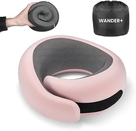 WANDER+ Travel Neck Pillow, Pure Memory Foam Neck Pillow for Airplanes, Comfortable Breathable Cover, 360 Degree Support Ergonomic Design Best for Sleeping Plane Train Travel Essentials Max Pink