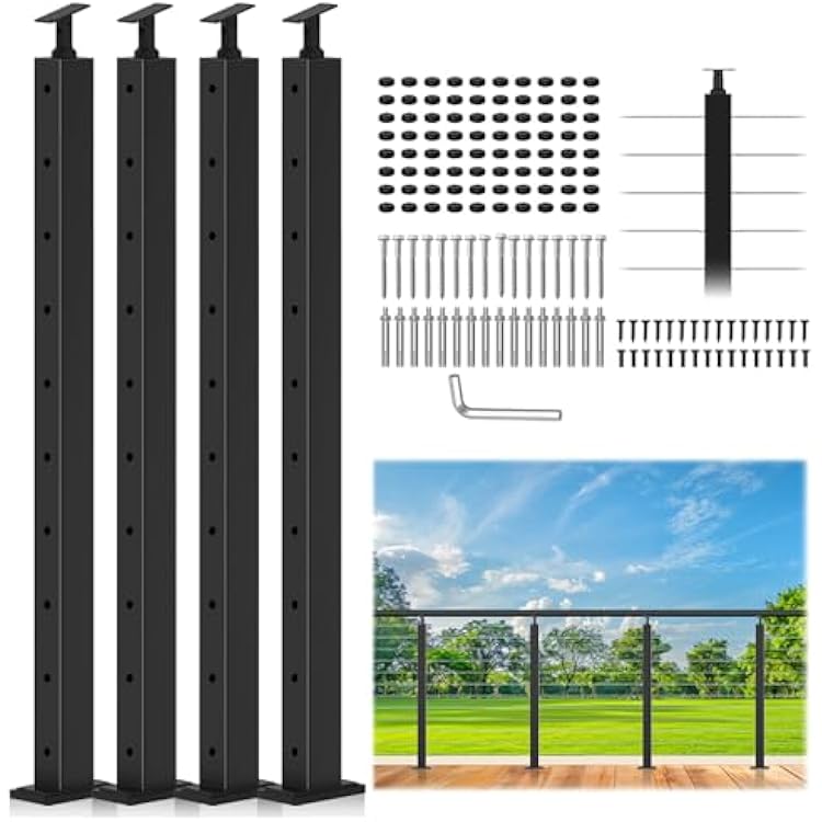 4 Pack Black Cable Railing Post 36 Inch, Stainless Steel T304 Level Drilled Railing Line Posts for Deck Railing Kit System, Heavy-Duty Handrail Wire Rail Post for Indoor Outdoor Deck Balcony