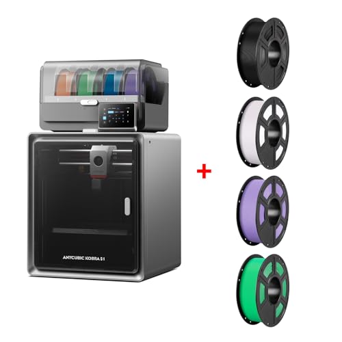 (PLA 4KG Bundle) Anycubic Kobra S1 Combo 3D Printer, 4 Stunning Multicolor with Anycubic ACE PRO, 600mm/s High Speed + ANYCUBIC PLA Filament 1.75mm, 4kg, Black+White+Purple+Green