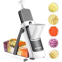 [All in 1] Vegetable Slicer with Adjustable Thickness, Easy to Clean Potato Mandoline Slicer with Container, Rapid Prep French Fry Veggie Cutter/Onion Slicer, Free Grater/Cleaning Brush (Gray)