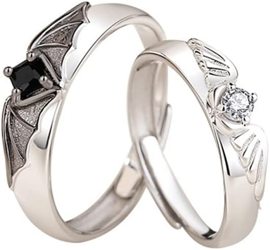 Angel Devil Matching Promise Rings for Couples Sterling Silver Plated Engagement Wedding Ring Open Band Sets for Him and Her Cubic Zirconia Crystal Jewelry Gift for Girlfriend Boyfriend Valentine's