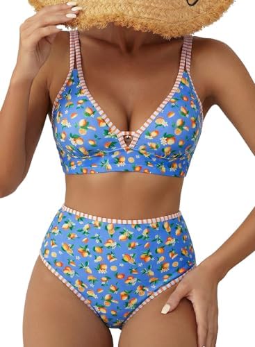 Herseas Women's 2 Piece Floral Print Bikini Sets V Neck Stitch Swimsuits High Waisted Bathing Suit Beach Summer Swimwear