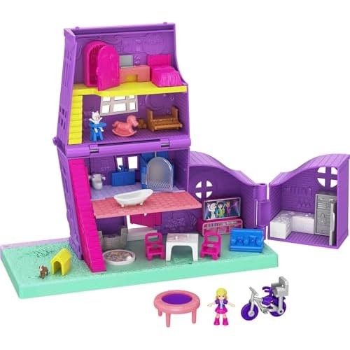 Polly Pocket Doll House with Micro Doll, Toy Bike & Furniture Accessories, Transforming Pollyville Pocket House Playset