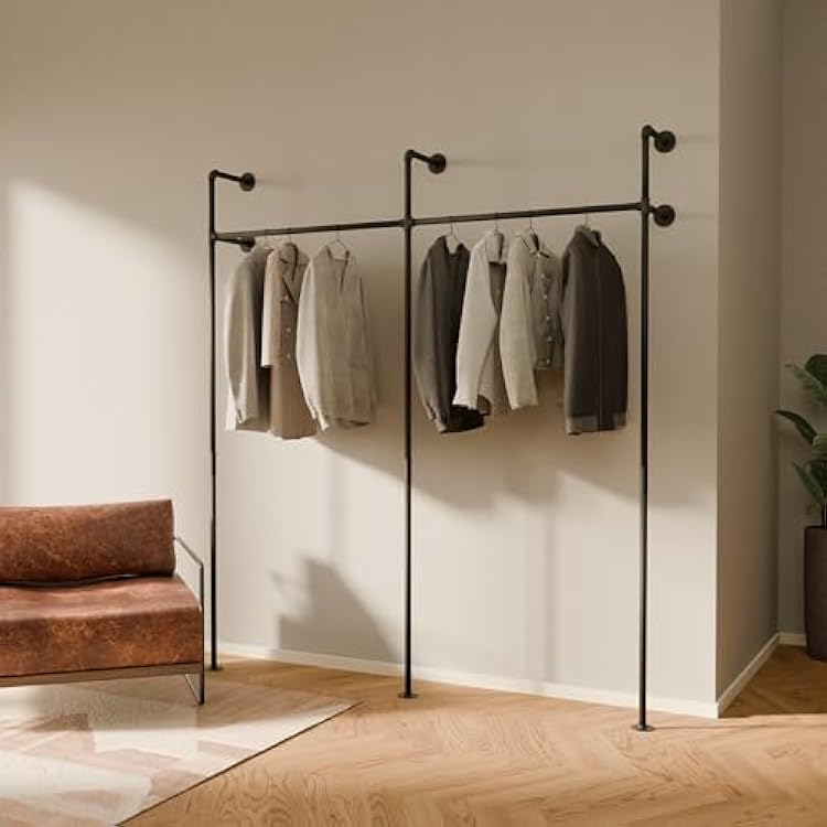pamo Wall Mounted Pipe Clothing Rack Industrial Closet System in Black Powder-Coated Steel 79 W 87 H, 530 lbs Walk-In Closet & Retail