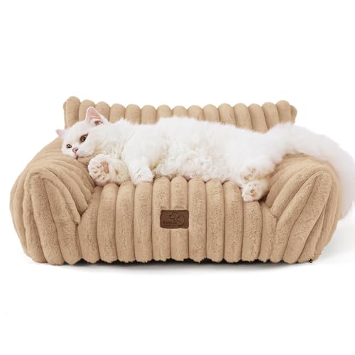 Bedsure ComfyFleeceTM Cute Cat Couch for Pets - As Seen on TV on Good Day New York, Fuzzy Cats beds for Indoor Cats with Removable Washable Cover, Supportive Pet Sofa, 24inch, Sandy Beige
